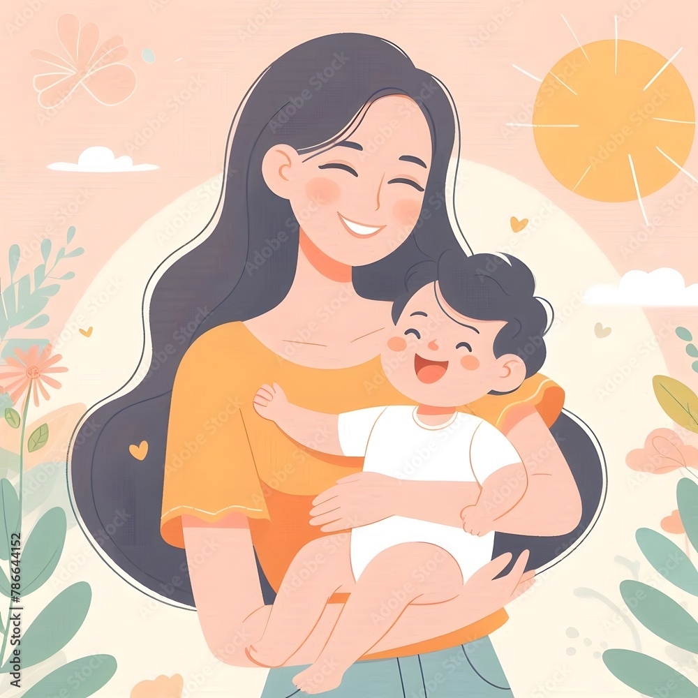 illustration of a mother hugging her baby, happy and smiling, Happy Mother's Day illustration of a mother hugging her baby, happy and smiling, Happy Mother's Day