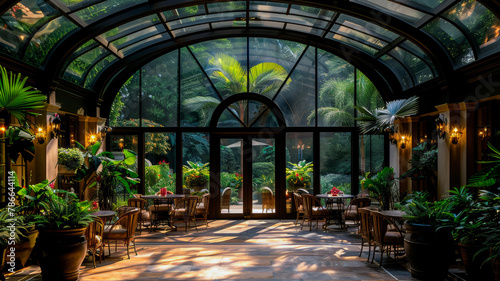 Tropical Twilight.  Inside an Elegant Glasshouse Conservatory © EwaStudio