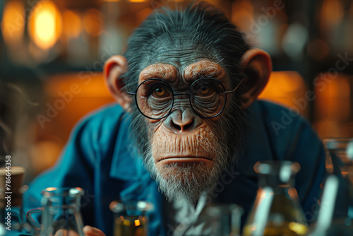 A curious monkey dressed in a scientist's lab coat, conducting experiments and making discoveries in a bustling laboratory filled with bubbling beakers and scientific equipment.  Generative Ai. © Sebastian