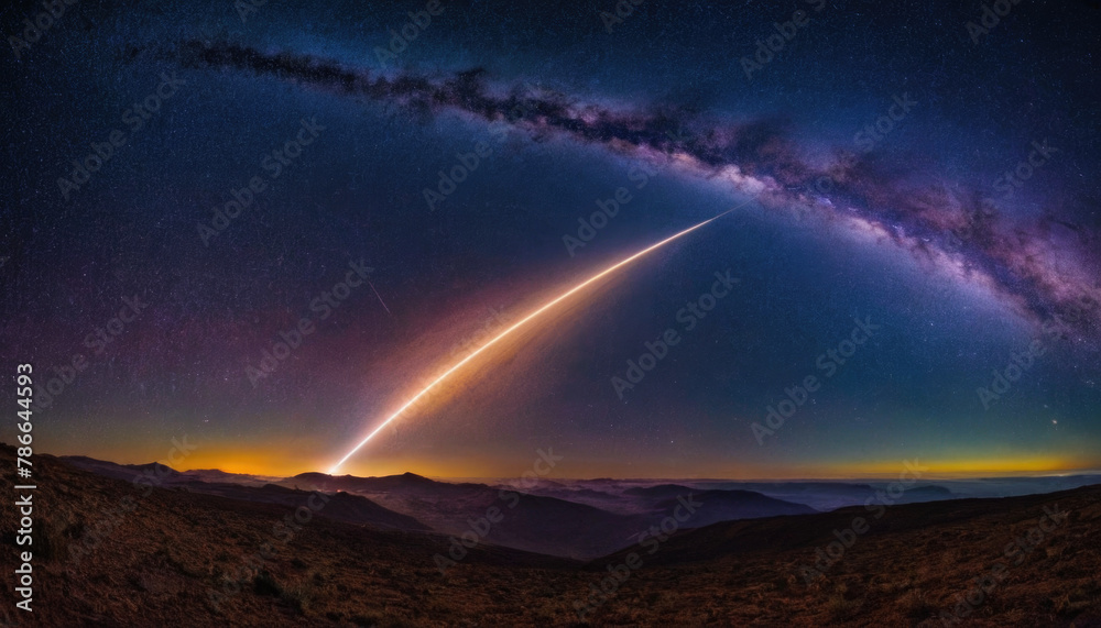 Rocket spaceship shuttle launch with bright space nebula sky with bright rocket trail of fire and smoke