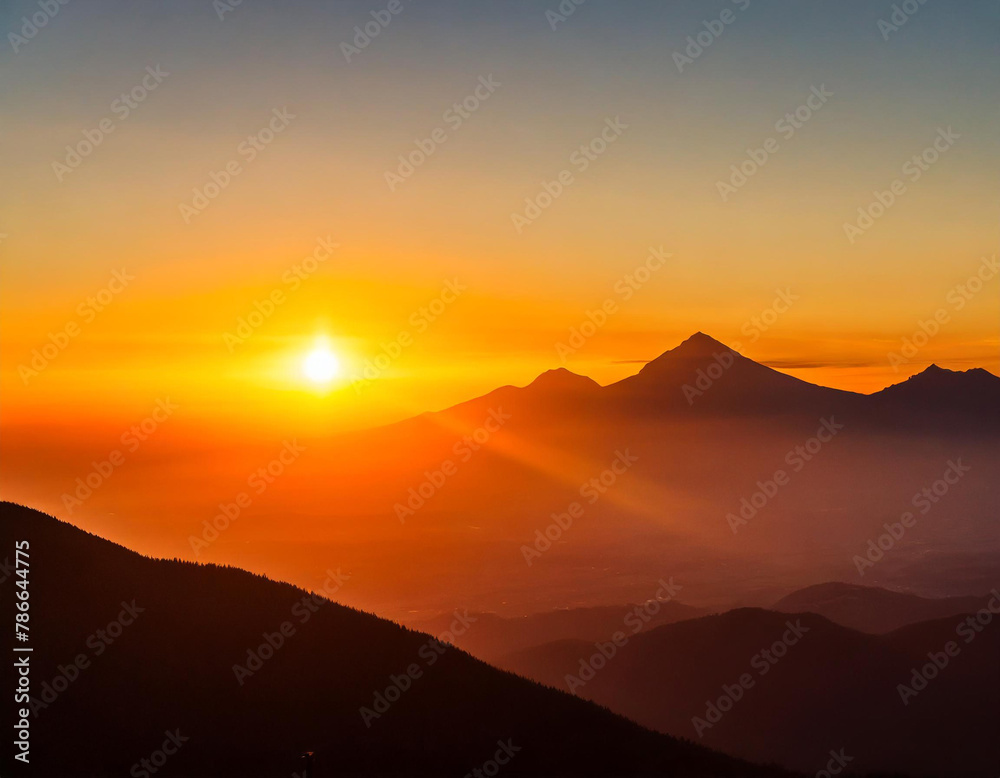 the sun is setting over a mountain range with mountains in the foreground and a red sky in the background