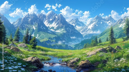 Idyllic mountain landscape with crystal clear stream and lush green meadows under a bright blue sky