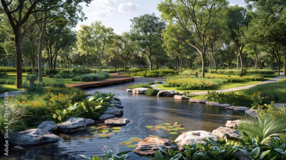 Serene garden park with walking paths, water features, and lush greenery as sun filters through trees