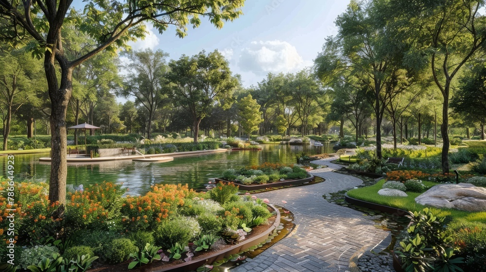 Serene garden park with walking paths, water features, and lush greenery as sun filters through trees