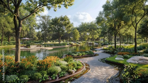 Serene garden park with walking paths  water features  and lush greenery as sun filters through trees