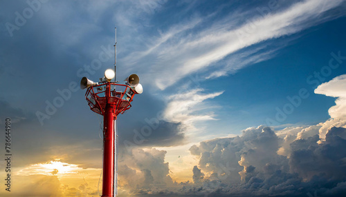 Tsunami alert horns mounted on a sleek modern tower, utilizing solar energy for efficient disaster communication, set against a backdrop of an impending storm photo