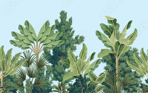 Tropical vintage botanical palm trees  banana tree  green plants floral seamless border blue background. Exotic jungle wallpaper.