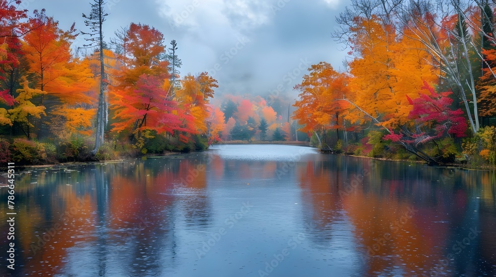 Serenade of Autumn Hues on a Tranquil River. Concept Autumn Colors, Tranquil River Scenes, Nature Photography