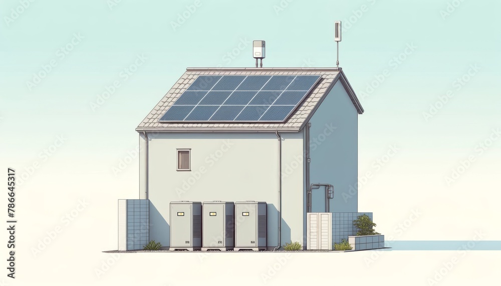 Gray house with solar panels, garden, and security features on a sunny day. Solar panels and gray battery units visible on house side on sunny day.