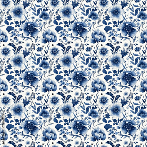 Seamless pattern with floral and botanical illustrations. The design with indigo blue and white linen print color © Olivia