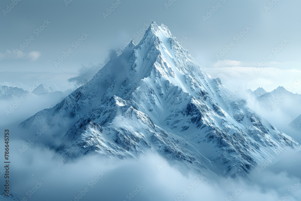 A mountain peak shrouded in mist, representing the pursuit of lofty goals and aspirations amidst the uncertainty of the journey. Concept of aspiration and ambition. Generative Ai.