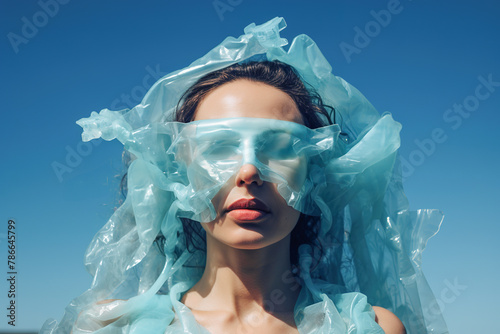 Environmental concept with woman shrouded in plastic Generative AI image