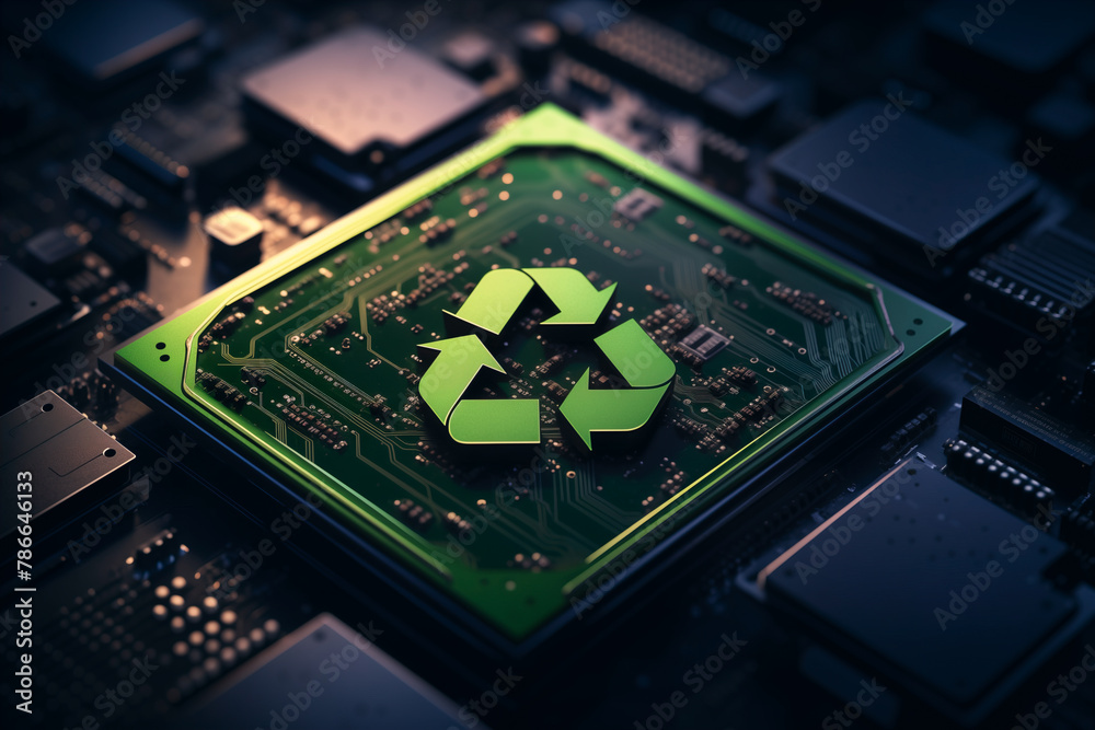 Fototapeta premium Generative AI illustration of green recycling symbol glowing atop a circuit board signifying the importance of electronic waste recycling