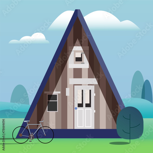 Illustration of a Scandinavian style house. Country house on the background of the northern landscape. Vector drawing in minimalistic style. Cute little house with a bicycle. Concept of nature and act