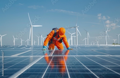 Worker kneeling on top of solar panels, background with wind turbines, concept of solar energy, renewable energy, wind energy. photo