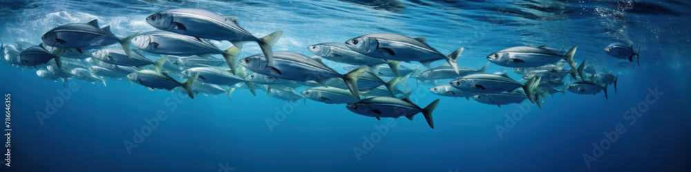 Naklejka premium A large school of Atlantic herring swims underwater.