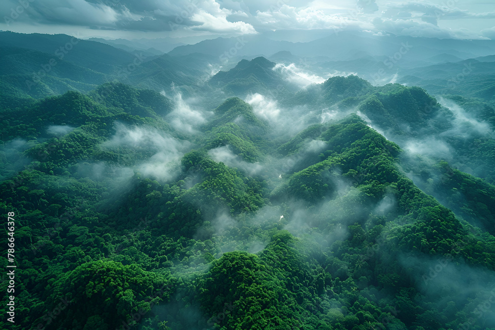 Mystic Mountain Mist: Lush green peaks enveloped by swirling clouds, embodying the mystery and majesty of nature, ideal for environmental and travel publications