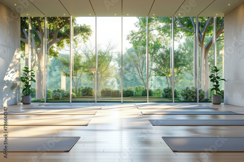 Empty yoga studio interior design with unrolled yoga mats