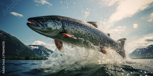 Close-up of a salmon or trout jumping out of the water with splashes flying to the sides. Mountain landscape in the background.