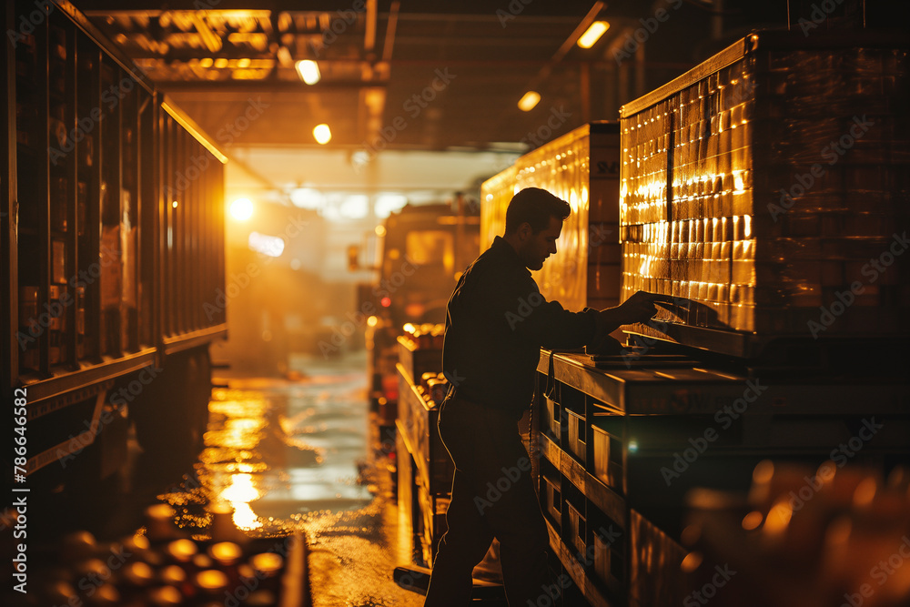Generative AI illustration of worker checks cargo in the glow of the sunset at a busy factory loading bay with trucks lined up for transport Generative AI illustration of worker checks cargo in the glow of the sunset at a busy factory loading bay with trucks lined up for transport
