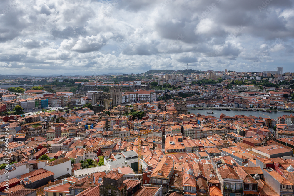 Aerial view from tower of Clerigos Church in Porto city, Portugal with Douro River and Vila Nova de Gaia city on background