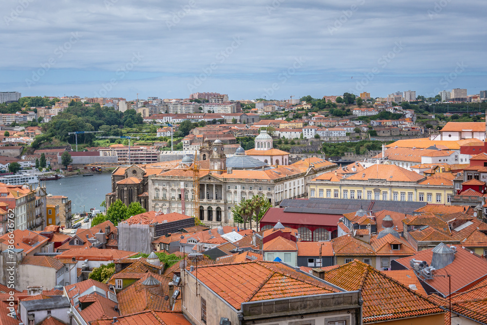 Obraz premium Aerial view with Bolsa Palace in Porto city, Portugal. Vila Nova de Gaia city on background