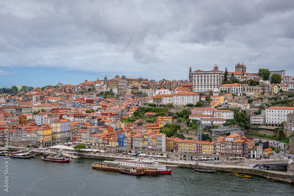 Aerial view of Porto city, Portugal with waterfront area called Ribeira and Episcopal Palace