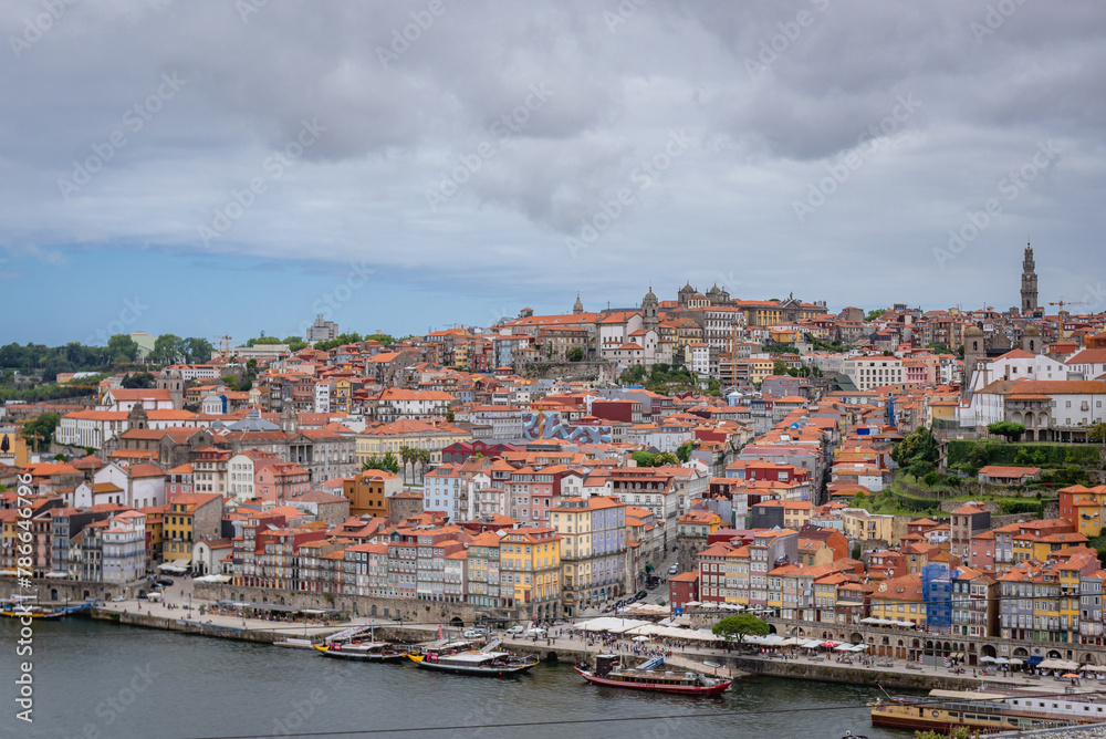 Aerial view of Porto city, Portugal with waterfront area called Ribeira