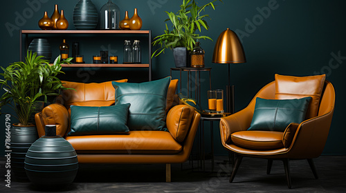 Brown and Green Modern Living Room.Chic Comfort. Contemporary Living with a Vintage Twist © EwaStudio