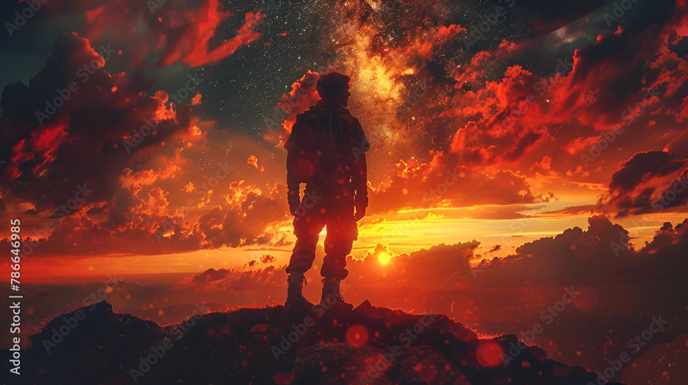 Astronaut Gazing at Fiery Skies, Adventurous, Bold Style for Science Fiction Artwork, Motivational Posters, an Ambitious and Boundless Concept, for space exploration initiatives educational outreach Astronaut Gazing at Fiery Skies, Adventurous, Bold Style for Science Fiction Artwork, Motivational Posters, an Ambitious and Boundless Concept, for space exploration initiatives educational outreach