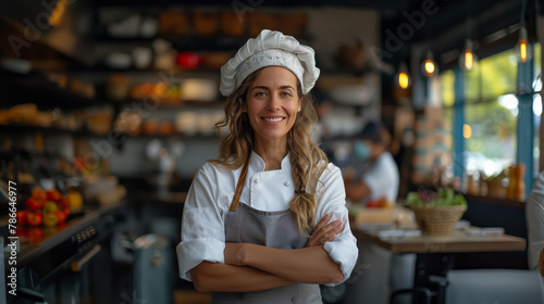 Smiling mature female chef in restaurant woman and owned business concept. AI Generated