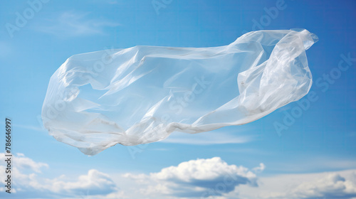 Plastic bag floating against a clear blue sky. Generative AI image