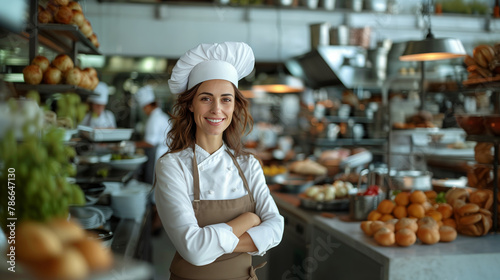 Smiling young female chef in restaurant kitchen woman and owned business concept. AI Generated