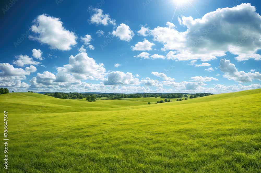 Generative AI image of a vibrant green rolling hills landscape under a bright blue sky with fluffy clouds