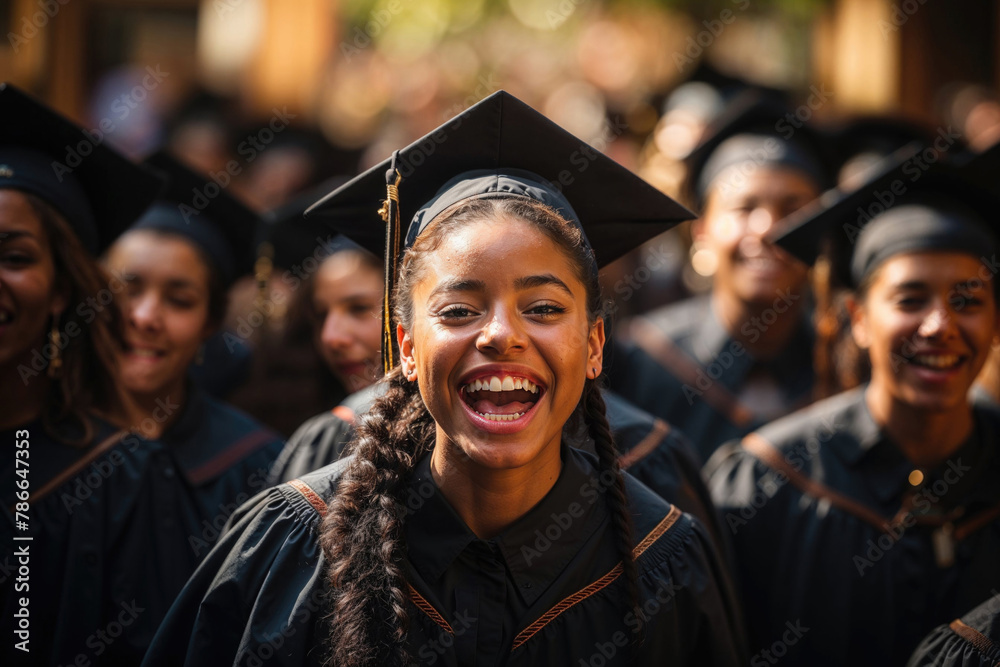 Generative AI illustration of joyful young black woman in cap and gown laughing, with a crowd of graduates in the background - obrazy, fototapety, plakaty 