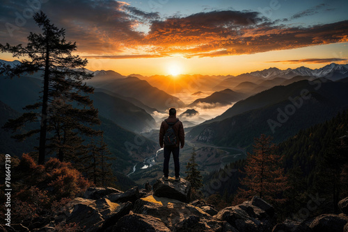 Sunrise contemplation over misty mountain valley. Generative AI image © ADDICTIVE STOCK CORE
