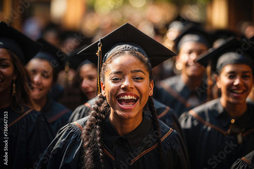 Generative AI illustration of joyful young black woman in cap and gown laughing, with a crowd of graduates in the background © ADDICTIVE STOCK CORE