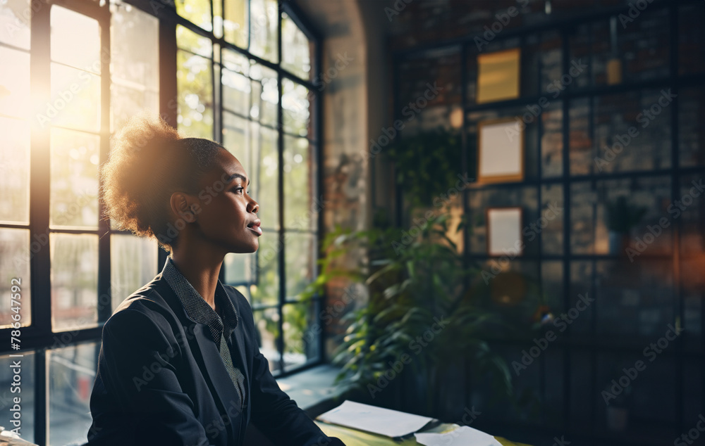 AI Generated Image African American businesswoman at work in the office next to the window AI Generated Image African American businesswoman at work in the office next to the window