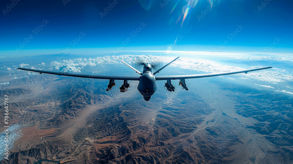 Naklejka premium Military Drone over Desolate Landscape