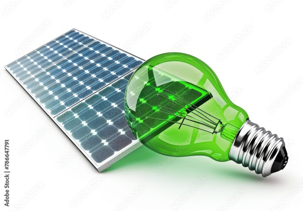 Light bulb with solar panel and green grass, concept of renewable