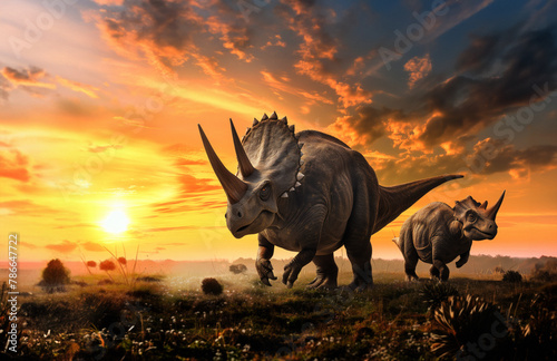AI Generated Image. Triceratops family in nature