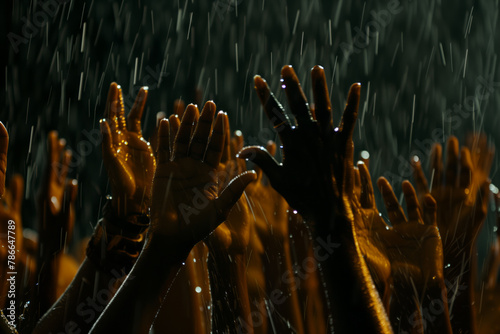 Generative AI illustration of numerous black hands raised up under the rain photo