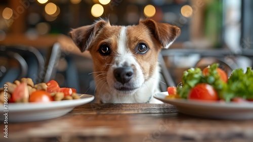 Patient Pup Awaits a Snack at a Stylish Table. Concept Pets, Waiting, Snack Time, Stylish Decor, Animal Photography photo