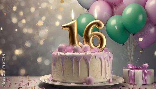 16th year birthday cake on isolated colorful pastel background
 photo