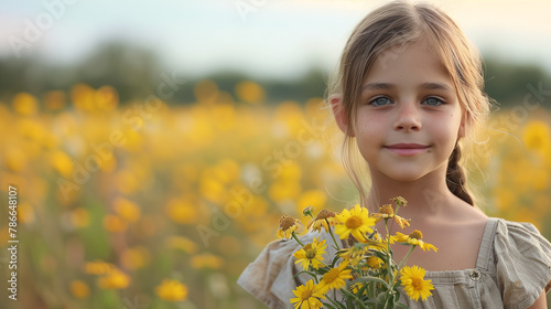 Niña en un campo de flores amarillas sujetando un ramo de flores
