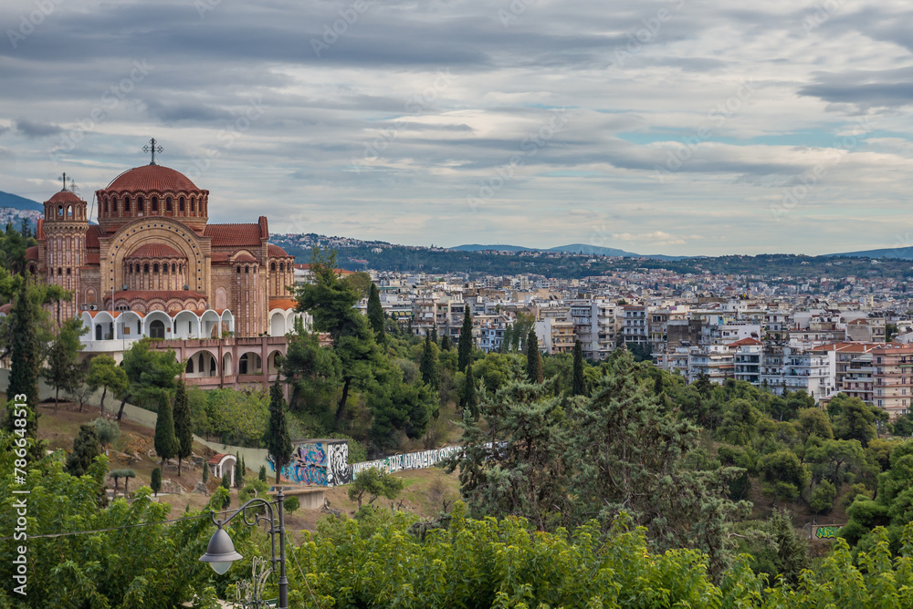 Church of Saint Paul seen from Walls of Thessaloniki, remains of Byzantine walls in Thessaloniki, Greece