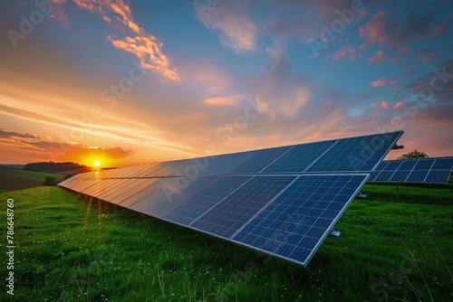 Solar panels on green field, sunset in the background, concept of renewable energy, solar energy, clean energy.