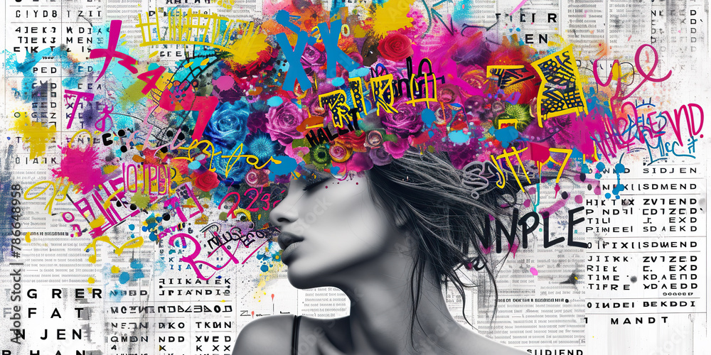 Obraz premium Generative AI illustration of woman head serves as a canvas for colorful graffiti, creating a striking visual collage