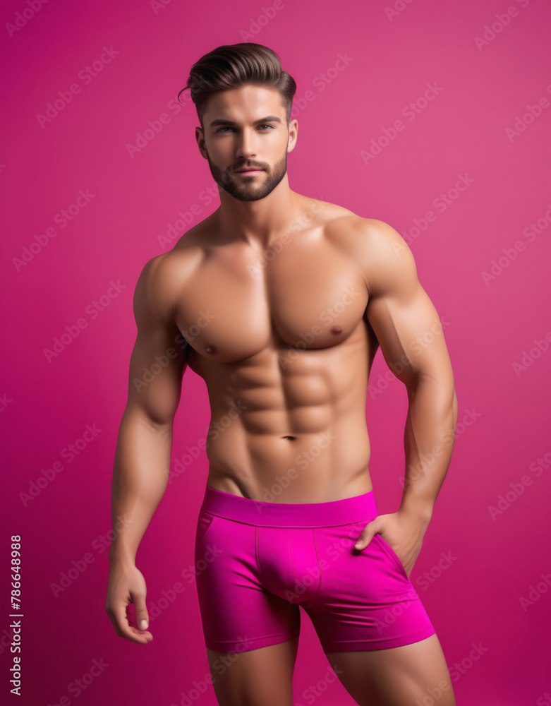 Fototapeta premium Confident young Caucasian man with toned physique posing in pink shorts on a vibrant pink background, ideal for fitness and fashion themes