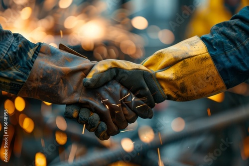 Two construction workers shaking hands with sparks flying, closeup shot of the handshake, focus on their leather gloves and steel frame in the background, in the style of professional photography